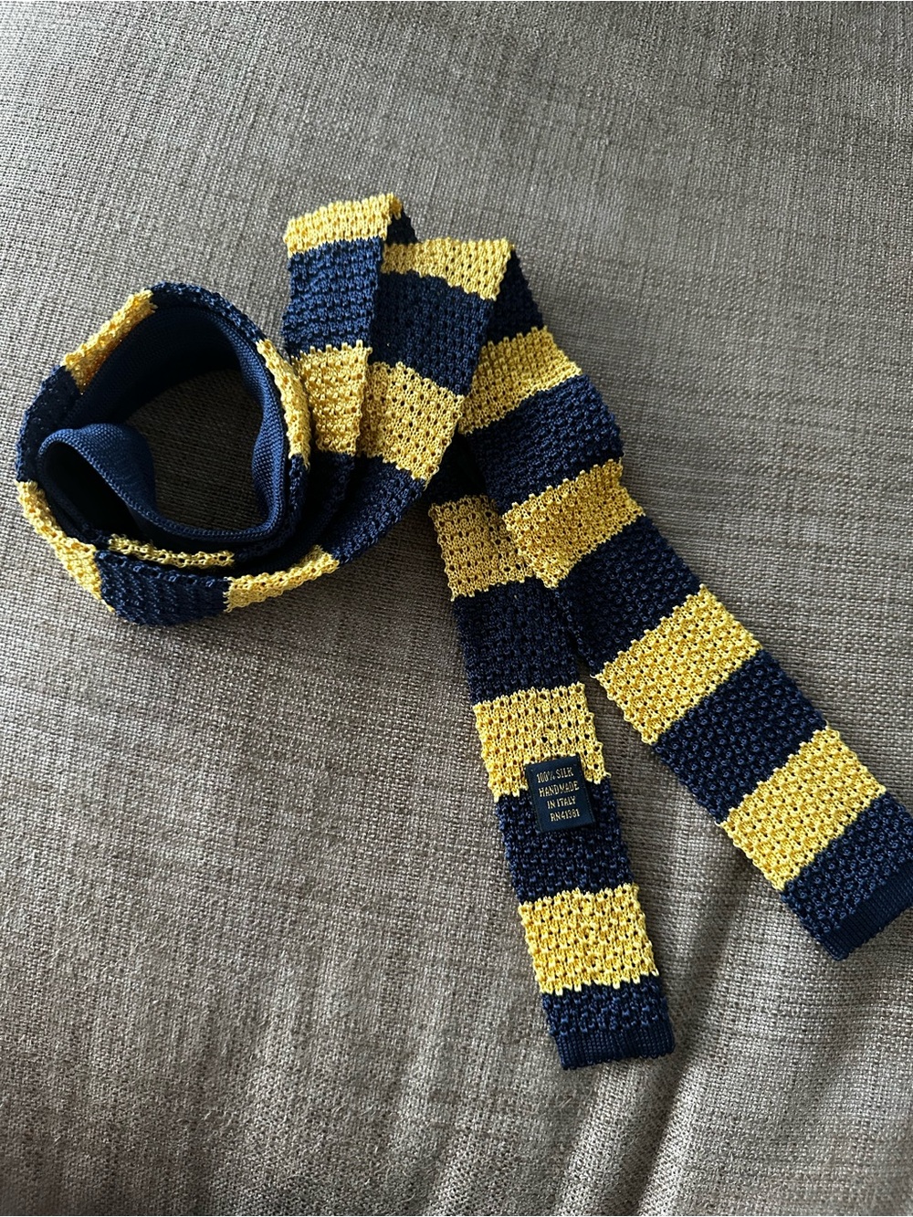 Rugby Ralph Lauren Navy and Yellow Striped Silk Knit Skinny Tie